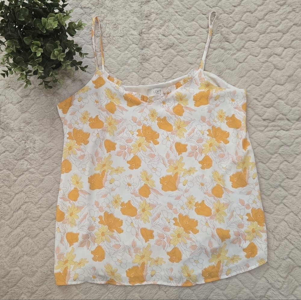 LOFT Outlet Yellow Ditsy Floral Spaghetti Strap Swing Ruffle Tank, Size M